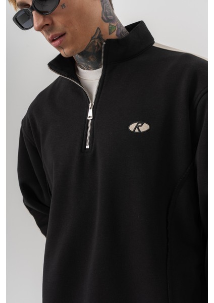 Erkek Pis Dikiş Detaylı Yarım Fermuarlı Diagonel Sweatshirt Siyah indirimleri