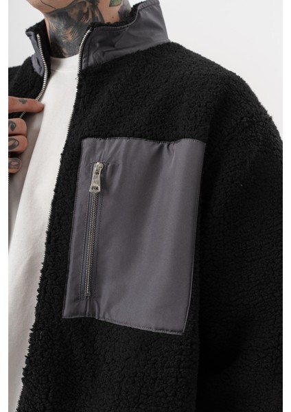Erkek Zip Oversize Teddy Ceket Siyah indirimleri