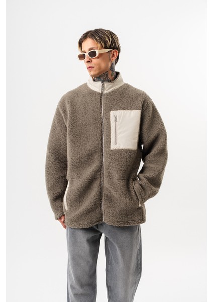Erkek Zip Oversize Teddy Ceket Koyu Yeşil