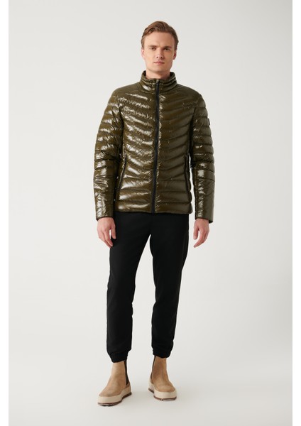 Erkek Haki Kaz Tüyü Su İtici Rüzgar Geçirmez Kumaş Dik Yaka Şişme Comfort Fit Mont B006015