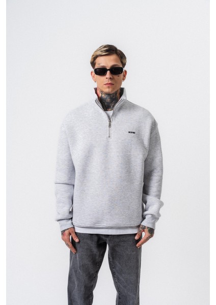 Erkek Respire Yazı Detaylı Yarım Fermuarlı Basic Sweatshirt Kar Melanj