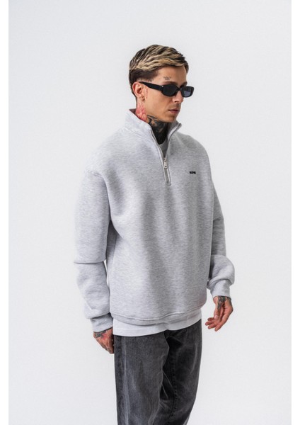 Erkek Respire Yazı Detaylı Yarım Fermuarlı Basic Sweatshirt Kar Melanj fırsatları