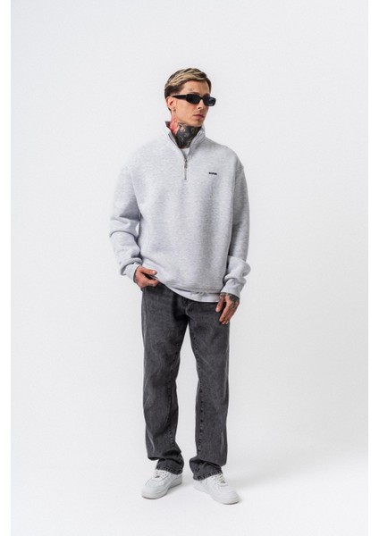 Erkek Respire Yazı Detaylı Yarım Fermuarlı Basic Sweatshirt Kar Melanj indirimleri