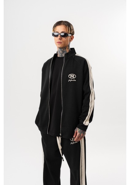 Erkek Ffb Şerit Detaylı Dik Yaka Doubleface Zip Oversize Sweatshirt Siyah