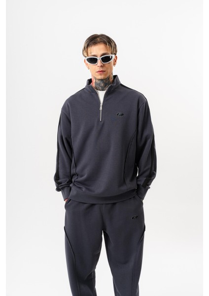 Erkek Pis Dikiş Detaylı Yarım Fermuarlı Diagonel Sweatshirt Füme