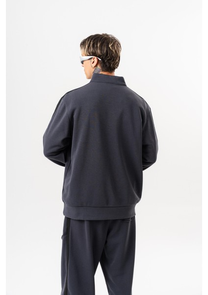 Erkek Pis Dikiş Detaylı Yarım Fermuarlı Diagonel Sweatshirt Füme modelleri
