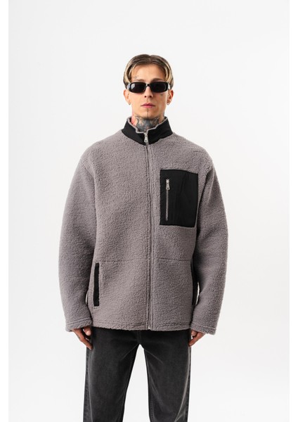 Erkek Zip Oversize Teddy Ceket Gri