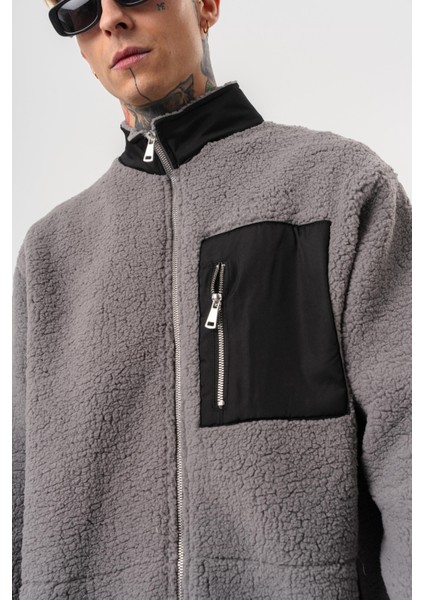 Erkek Zip Oversize Teddy Ceket Gri indirimleri