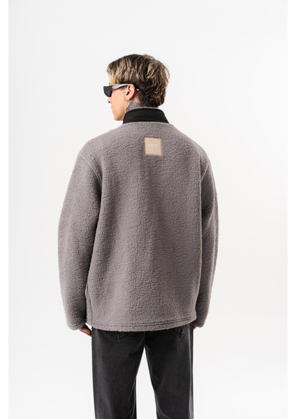 Erkek Zip Oversize Teddy Ceket Gri modelleri