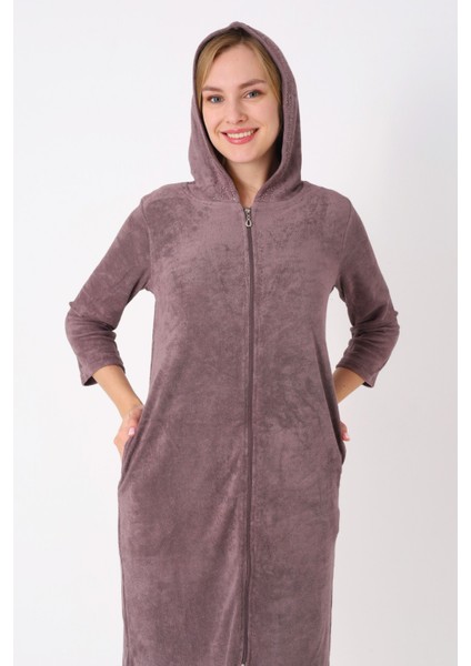 Kapüşonlu Fermuarlı Cepli Taşlı Truvakar Kollu Pamuklu Havlu Elbise modelleri