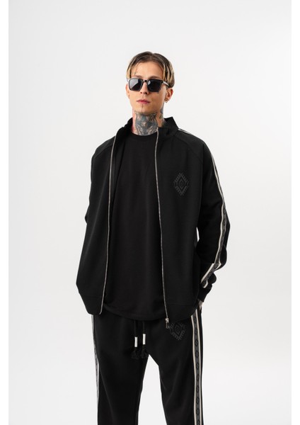 Erkek Şerit Detaylı Dik Yaka Doubleface Zip Oversize Sweatshirt Siyah
