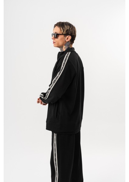 Erkek Şerit Detaylı Dik Yaka Doubleface Zip Oversize Sweatshirt Siyah fiyatları