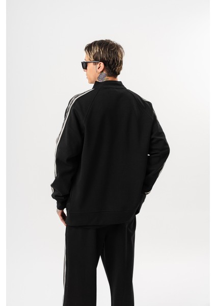 Erkek Şerit Detaylı Dik Yaka Doubleface Zip Oversize Sweatshirt Siyah modelleri