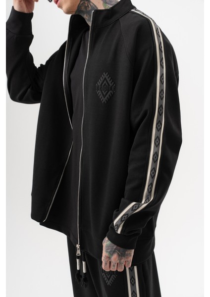 Erkek Şerit Detaylı Dik Yaka Doubleface Zip Oversize Sweatshirt Siyah fırsatları