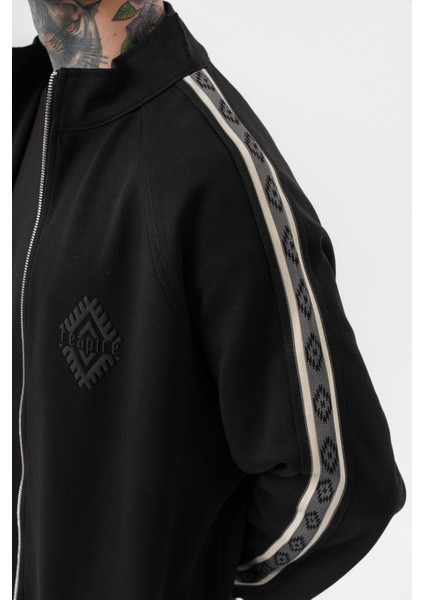 Erkek Şerit Detaylı Dik Yaka Doubleface Zip Oversize Sweatshirt Siyah indirimleri