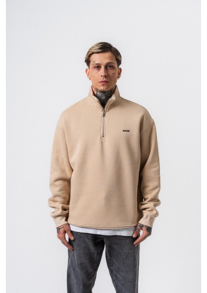 Erkek Respire Yazı Detaylı Yarım Fermuarlı Basic Sweatshirt Bej