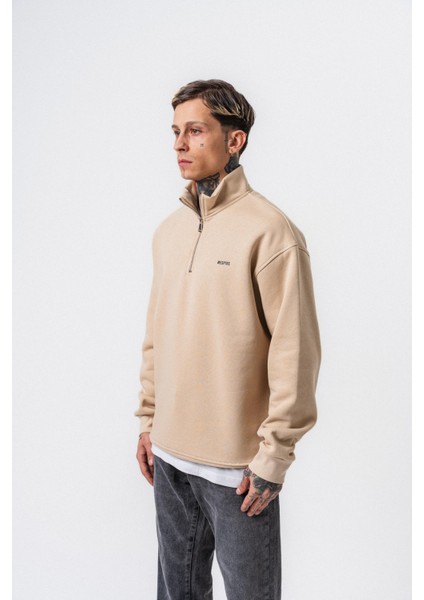 Erkek Respire Yazı Detaylı Yarım Fermuarlı Basic Sweatshirt Bej fiyatları
