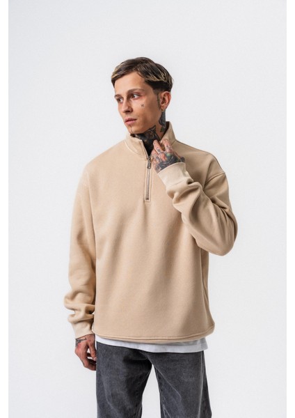 Erkek Respire Yazı Detaylı Yarım Fermuarlı Basic Sweatshirt Bej fırsatları