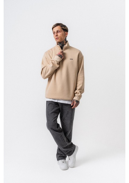 Erkek Respire Yazı Detaylı Yarım Fermuarlı Basic Sweatshirt Bej