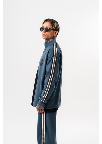Erkek Şerit Detaylı Dik Yaka Doubleface Zip Oversize Sweatshirt Petrol fiyatları