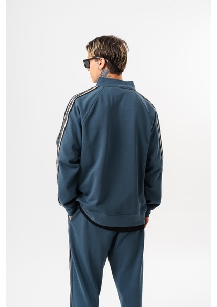 Erkek Şerit Detaylı Dik Yaka Doubleface Zip Oversize Sweatshirt Petrol modelleri