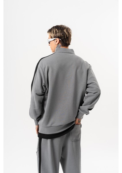 Erkek Pis Dikiş Detaylı Yarım Fermuarlı Diagonel Sweatshirt Gri modelleri