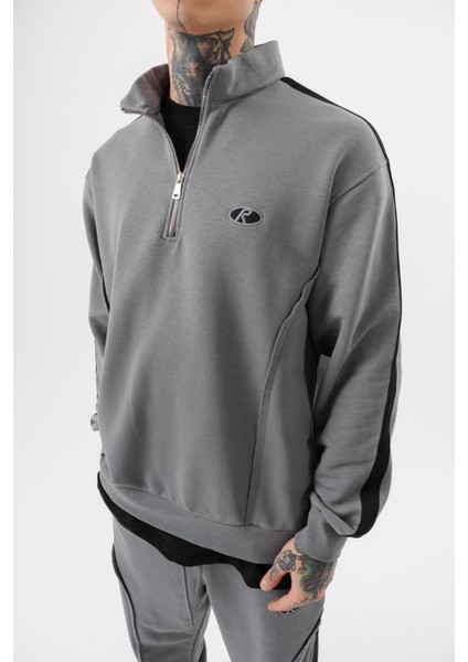 Erkek Pis Dikiş Detaylı Yarım Fermuarlı Diagonel Sweatshirt Gri fırsatları