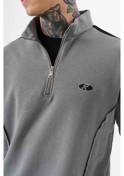 Erkek Pis Dikiş Detaylı Yarım Fermuarlı Diagonel Sweatshirt Gri indirimleri