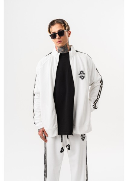 Erkek Şerit Detaylı Dik Yaka Doubleface Zip Oversize Sweatshirt Ekru