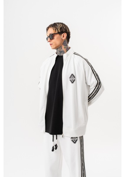 Erkek Şerit Detaylı Dik Yaka Doubleface Zip Oversize Sweatshirt Ekru fiyatları