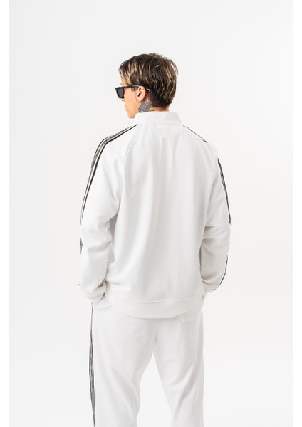 Erkek Şerit Detaylı Dik Yaka Doubleface Zip Oversize Sweatshirt Ekru modelleri