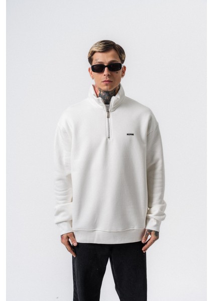 Erkek Respire Yazı Detaylı Yarım Fermuarlı Basic Sweatshirt Ekru