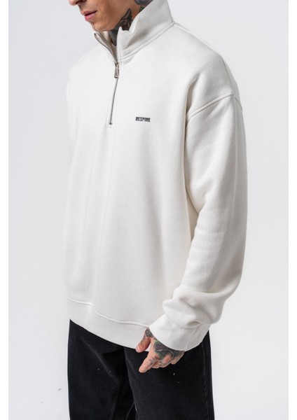 Erkek Respire Yazı Detaylı Yarım Fermuarlı Basic Sweatshirt Ekru fırsatları