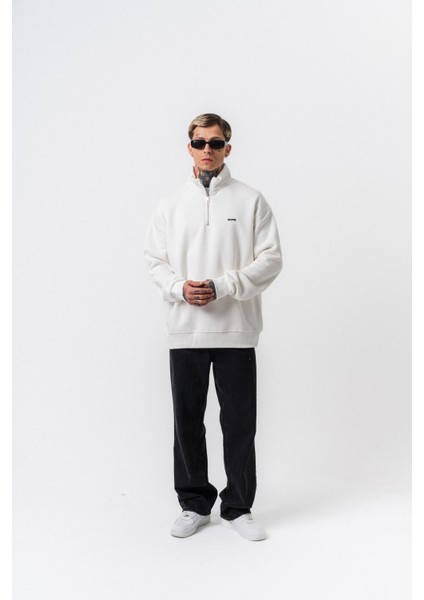 Erkek Respire Yazı Detaylı Yarım Fermuarlı Basic Sweatshirt Ekru indirimleri