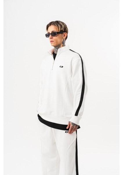 Erkek Pis Dikiş Detaylı Yarım Fermuarlı Diagonel Sweatshirt Ekru fiyatları