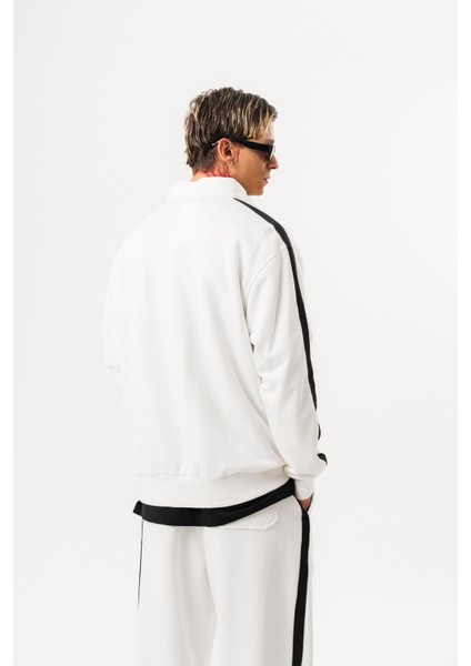 Erkek Pis Dikiş Detaylı Yarım Fermuarlı Diagonel Sweatshirt Ekru modelleri