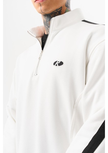 Erkek Pis Dikiş Detaylı Yarım Fermuarlı Diagonel Sweatshirt Ekru indirimleri
