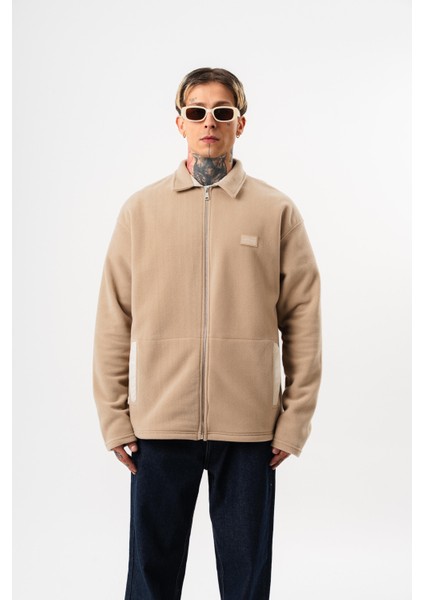 Erkek Zip Oversize Polar Ceket Bej