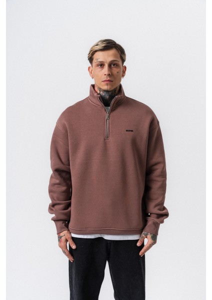 Erkek Respire Yazı Detaylı Yarım Fermuarlı Basic Sweatshirt Kakao