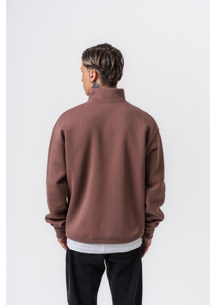 Erkek Respire Yazı Detaylı Yarım Fermuarlı Basic Sweatshirt Kakao modelleri