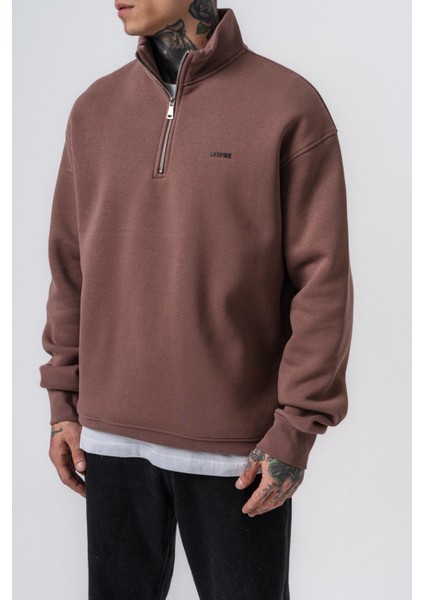 Erkek Respire Yazı Detaylı Yarım Fermuarlı Basic Sweatshirt Kakao fırsatları