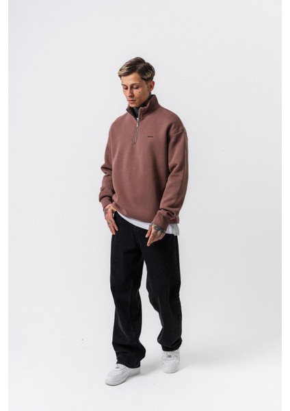 Erkek Respire Yazı Detaylı Yarım Fermuarlı Basic Sweatshirt Kakao indirimleri