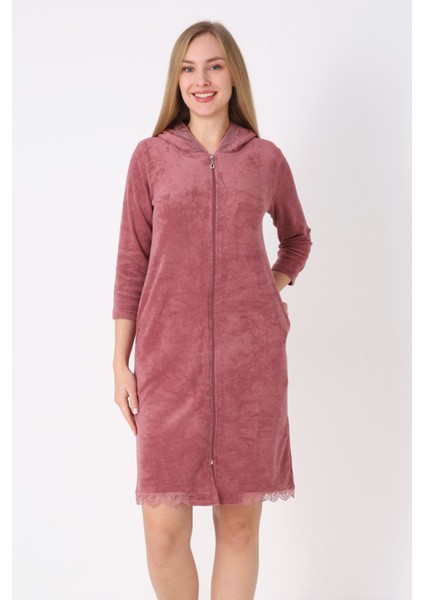 Kapüşonlu Fermuarlı Cepli Taşlı Truvakar Kollu Pamuklu Havlu Elbise