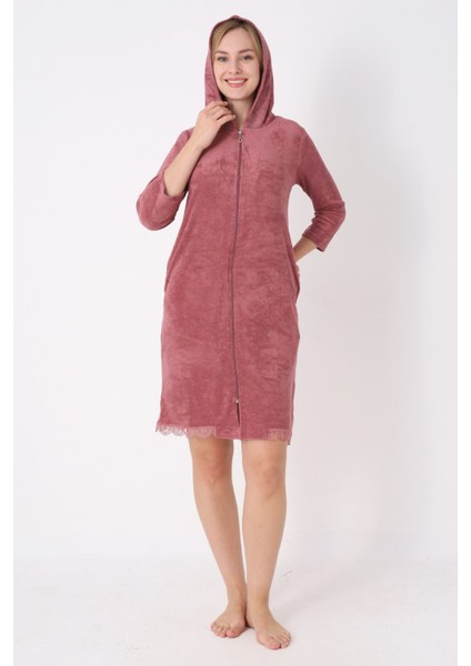 Kapüşonlu Fermuarlı Cepli Taşlı Truvakar Kollu Pamuklu Havlu Elbise modelleri