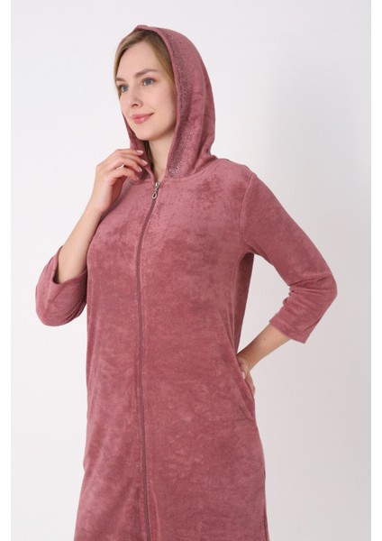 Kapüşonlu Fermuarlı Cepli Taşlı Truvakar Kollu Pamuklu Havlu Elbise indirimleri
