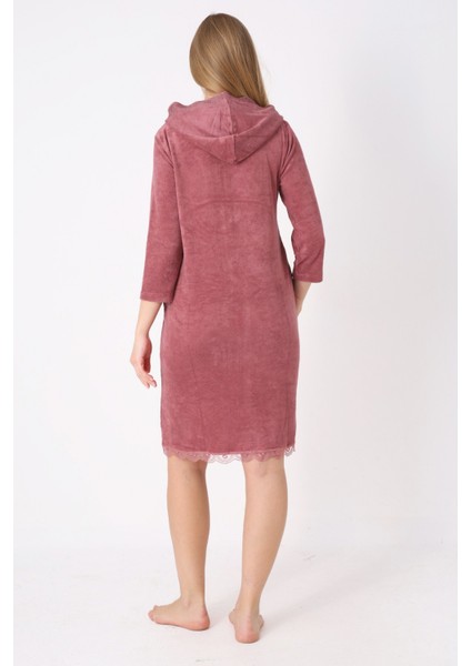 Kapüşonlu Fermuarlı Cepli Taşlı Truvakar Kollu Pamuklu Havlu Elbise