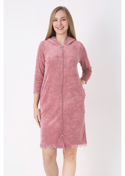 Kapüşonlu Fermuarlı Cepli Taşlı Truvakar Kollu Pamuklu Havlu Elbise