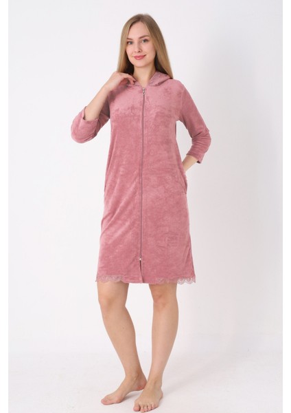 Kapüşonlu Fermuarlı Cepli Taşlı Truvakar Kollu Pamuklu Havlu Elbise fiyatları