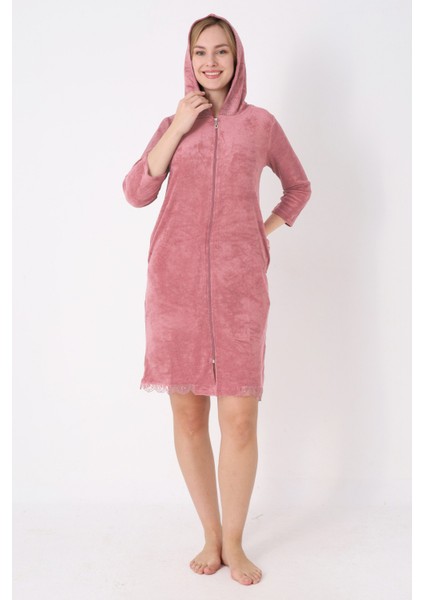 Kapüşonlu Fermuarlı Cepli Taşlı Truvakar Kollu Pamuklu Havlu Elbise modelleri