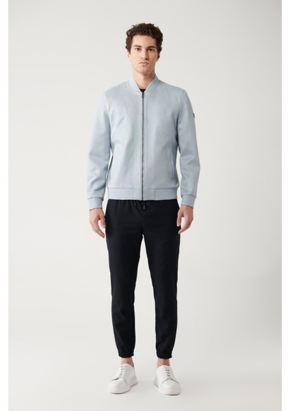 Erkek Mavi Bomber Yaka Fermuarlı Süet Mont A32Y6040